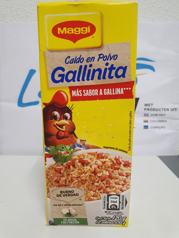 Caldo en polvo Gallinita de maggi mas sabor a Gallina 120g 12 sobre x10g // Bouillonpoeder Gallinita de maggi plus kipsmaak 120g 12 zakjes x10g