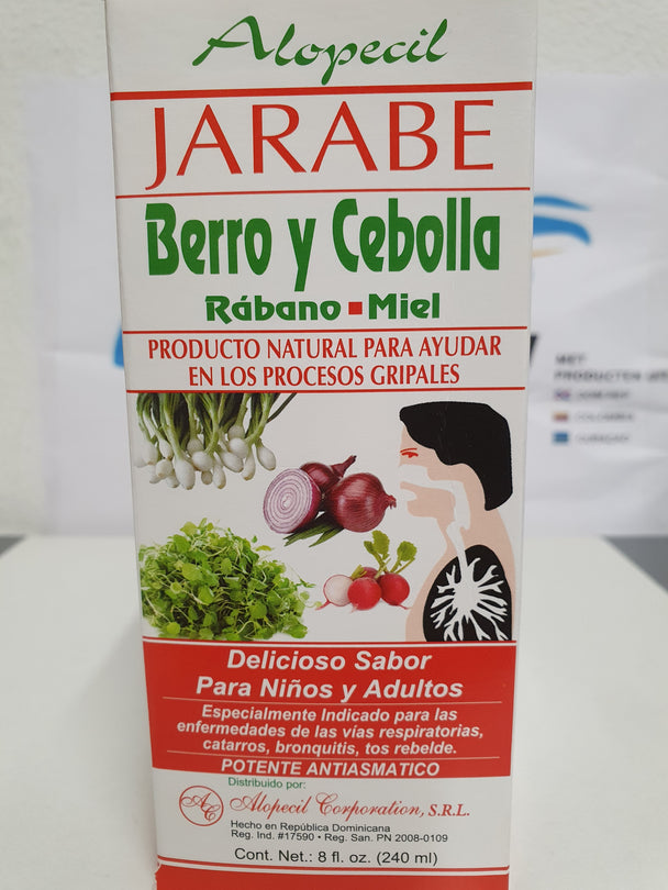 Jarabe Berro y cebolla, rabano y miel (240ml)
Waterkers en ui, radijs en honingsiroop (240ml)