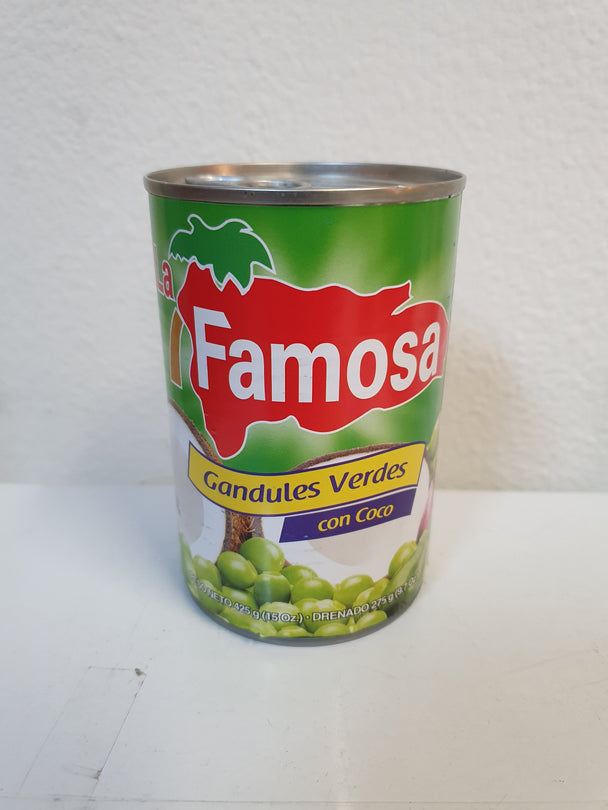 LA FAMOSA GANDULES VERDES CON COCO/ GREEN PIGEON PEAS WITH COCONUT MERK LA FAMOSA(425gr.)👍